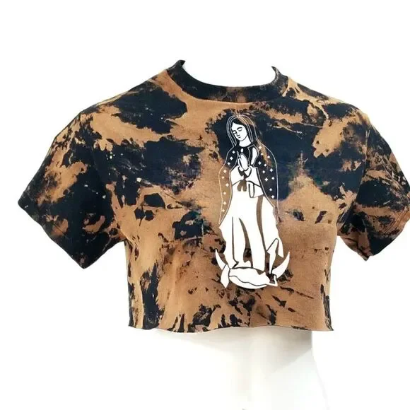 La Virgen the Guadalupe "Our Lady of Guadalupe" Acid Washed Distressed Crop Top - Picture 2 of 5